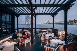 The restaurant open terrace with Burj Al Arab and Jumeirah views in Dubai