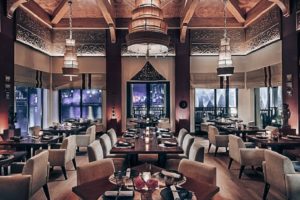 Fine dinning Thai restaurant in Palace Downtown hotel with fountains and Burj Khalifa Views